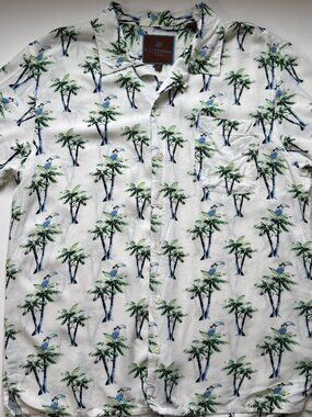 Tattersall London Palm Tree Tucan Print Button Up Mens Medium Short Sleeve